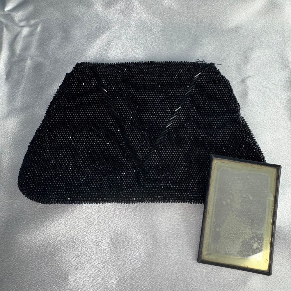 VTG Beaded Clutch Women Small Black Hand Strap V-Pattern Evening Bag Retro